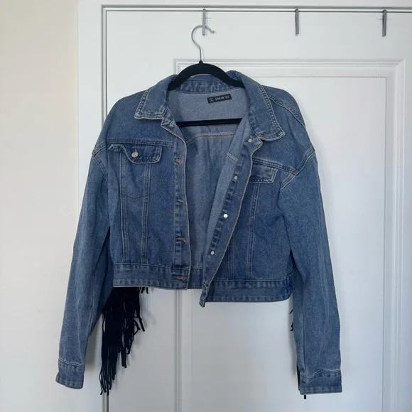 Shein Denim Fringe Jacket with Leopard Print - Picture 2 of 5